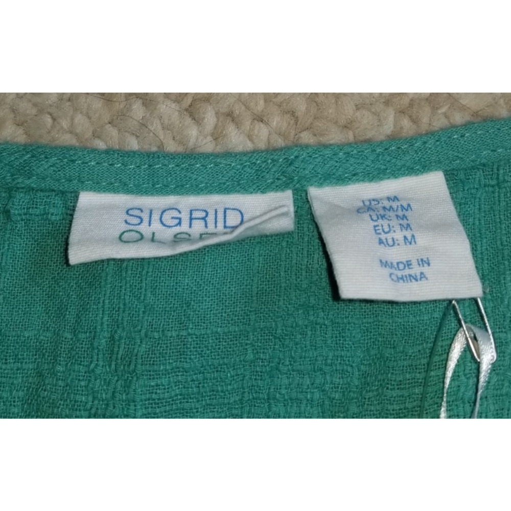 NWT Womens Top-SIGRID OLSEN-green linen blend button-up babydoll shirt-M - Picture 5 of 5